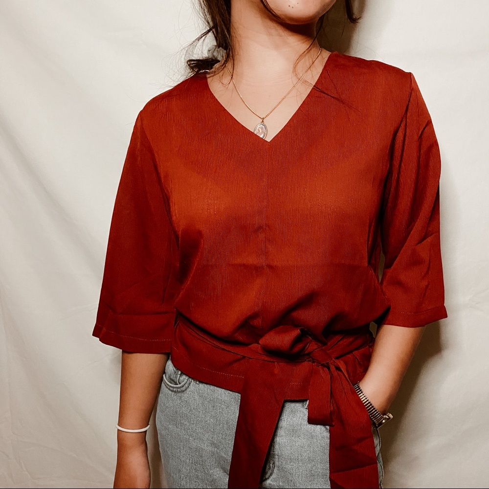 Mossimo Red Quarter Sleeve Blouse with Tie Detail